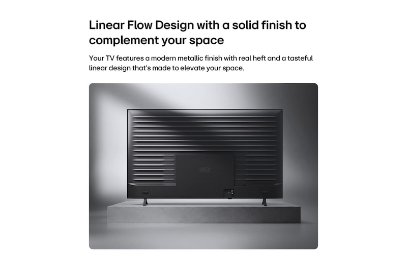 LG QNED AI QNED75 Mini LED is shown from the back, revealing a metallic rear panel with evenly spaced horizontal ridges that create a clean, structured look and emphasize the Linear Flow Design across the entire surface.
